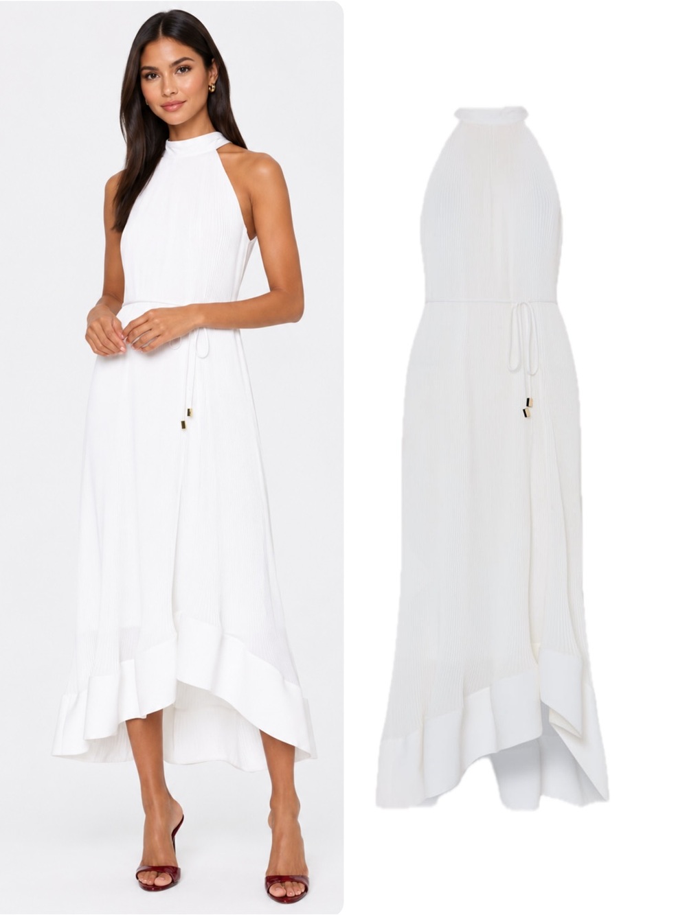 Milly Nalani White Pleated High-Neck Halter High-Low Midi Dress NWOT $475